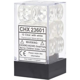 Chessex Translucent 16mm d6 with pips Dice Blocks (12 Dice) - Clear w/white