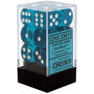 Chessex Translucent 16mm d6 with pips Dice Blocks (12 Dice) - Teal w/white