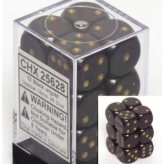 Chessex Opaque 16mm d6 with pips Dice Blocks (12 Dice) - Black w/gold