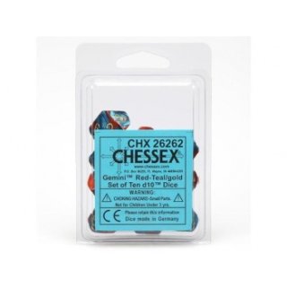 Chessex Gemini Ten d10 Sets - Red-Teal with gold