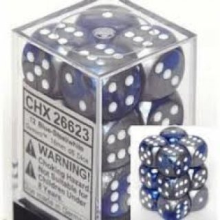 Chessex Gemini 16mm d6 with pips Dice Blocks (12 Dice) - Blue-Steel w/white