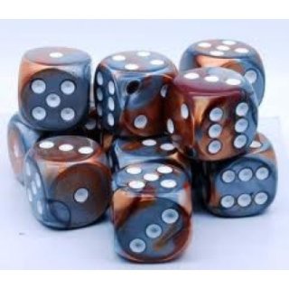 Chessex Gemini 16mm d6 with pips Dice Blocks (12 Dice) - Copper-Steel w/white