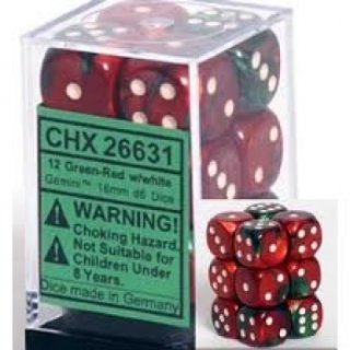 Chessex Gemini 16mm d6 with pips Dice Blocks (12 Dice) - Green-Red w/white