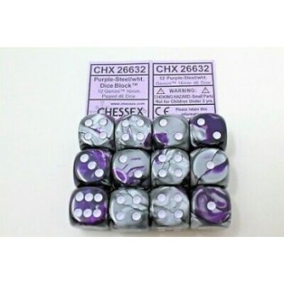 Chessex Gemini 16mm d6 with pips Dice Blocks (12 Dice) - Purple-Steel w/white