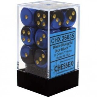 Chessex Gemini 16mm d6 with pips Dice Blocks (12 Dice) - Black-Blue w/gold