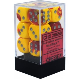 Chessex Gemini 16mm d6 with pips Dice Blocks (12 Dice) - Red-Yellow w/silver
