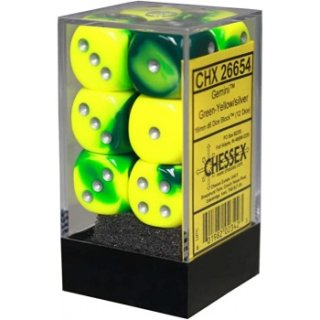 Chessex Gemini 16mm d6 with pips Dice Blocks (12 Dice) - Green-Yellow w/silver