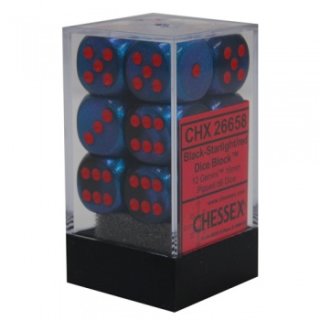 Chessex Gemini 16mm d6 with pips Dice Blocks (12 Dice) - Black-Starlight w/red