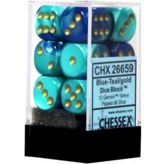 Chessex Gemini 16mm d6 with pips Dice Blocks (12 Dice) - Blue-Teal w/gold