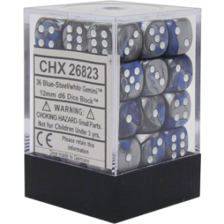 Chessex Gemini 12mm d6 Dice Blocks with pips Dice Blocks (36 Dice) - Blue-Steel w/white