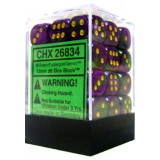 Chessex Gemini 12mm d6 Dice Blocks with pips Dice Blocks (36 Dice) - Green-Purple w/gold
