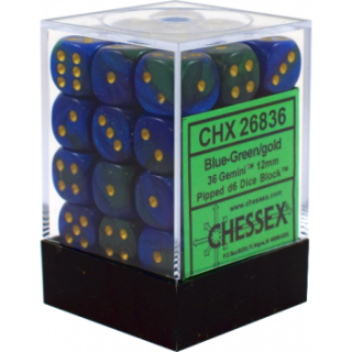 Chessex Gemini 12mm d6 Dice Blocks with pips Dice Blocks (36 Dice) - Blue-Green w/gold