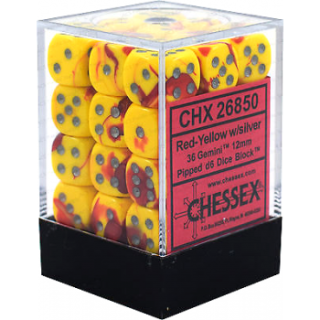 Chessex Gemini 12mm d6 Dice Blocks with pips Dice Blocks (36 Dice) - Red-Yellow w/silver