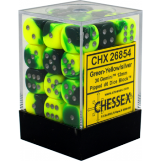 Chessex Gemini 12mm d6 Dice Blocks with pips Dice Blocks (36 Dice) - Green-Yellow w/silver