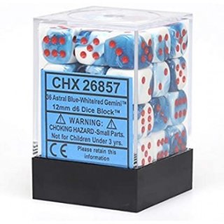 Chessex Gemini 12mm d6 Dice Blocks with pips Dice Blocks (36 Dice) - Astral Blue-White w/red