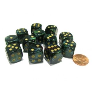Chessex 16mm d6 with pips Dice Blocks (12 Dice) - Scarab Jade w/gold