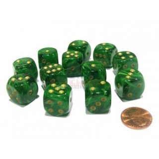 Chessex 16mm d6 with pips Dice Blocks (12 Dice) - Vortex Green w/gold