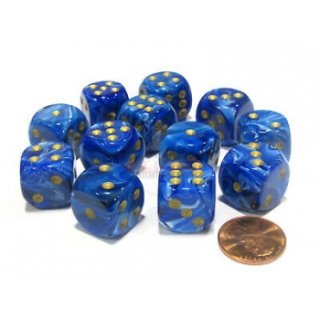 Chessex 16mm d6 with pips Dice Blocks (12 Dice) - Vortex Blue w/gold