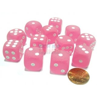 Chessex 16mm d6 with pips Dice Blocks (12 Dice) - Frosted Polyheral Pink w/white