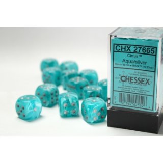 Chessex 16mm d6 with pips Dice Blocks (12 Dice) - Cirrus Aqua w/silver
