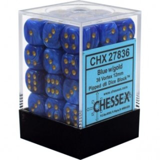 Chessex Signature 12mm d6 with pips Dice Blocks (36 Dice) - Vortex Blue w/gold
