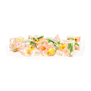 Handcrafted Sharp Edge Resin Dice Set: Chrysanthemum with Pink Numbers