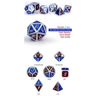 Metal & Enamel Dice Set (7) Burgundy & Blue