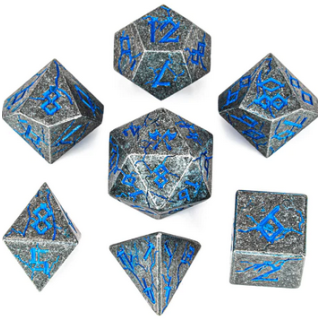 Metal Solid Barbarian Ancient Silver w/Blue Polyhedral Dice Set