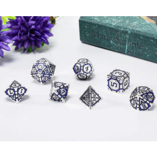 Solid Metal Star Map Silver W/ Glitter Blue Polyhedral Dice Set