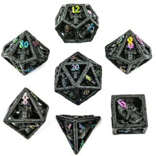 Gold w/Red Skulls Grin Hollow Metal Dice Set (7)
