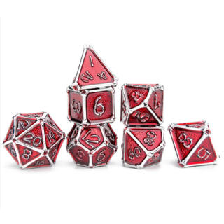 Silver with Red enamel Bone Collector Solid Metal Polyhedral Dice Set