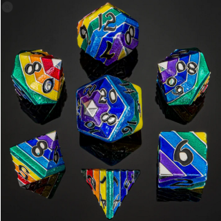 Pride Rainbow Metal Silver with black numbers Polyhedral Dice Set