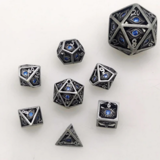 Hollow 10mm mini Dragons Eye Dice Set Ancient Silver w/Blue Gems (7)