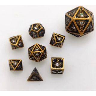 Hollow 10mm mini Dragons Eye Dice Set Ancient Gold w/Clear Gems (7)