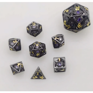 Hollow 10mm mini Dragons Eye Dice Set Gunmetal w/Purple Gems (7)