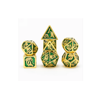 Gold with Green Solid Metal Dragon Polyhedral Dice Set