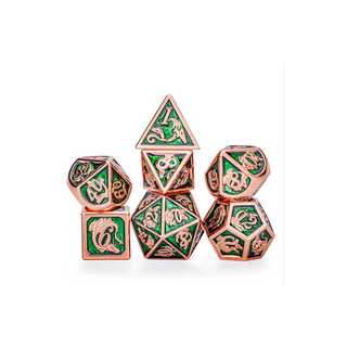 Copper with Green Solid Metal Dragon Polyhedral Dice Set