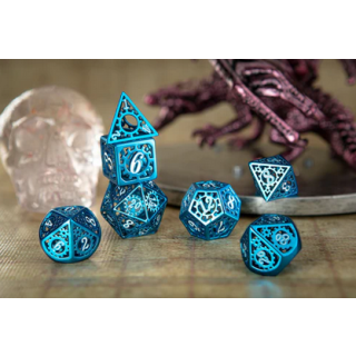 Blue with White Enamel Hollow Metal Gears of Providence Dice Set (7)
