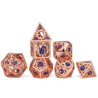 Copper w/Blue Enamel Hollow Metal Gears of Providence Dice Set (7)