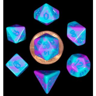 Mini Polyhedral Dice Set Purple/Teal with Blue Numbers (7)