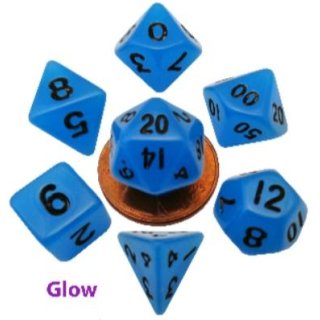Mini Polyhedral Dice Set Glow Blue with Black Numbers (7)