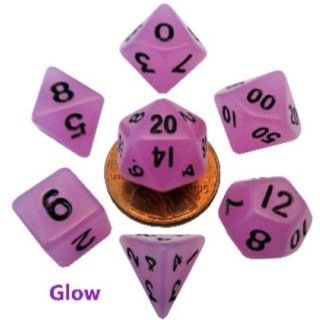 Mini Polyhedral Dice Set Glow Purple with Black Numbers (7)