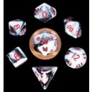 Mini Polyhedral Dice Set Marble with Red Numbers (7)