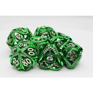 Green Jeweled Hollow Hearts Metal RPG Dice Set (7)