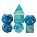 Blue Agate Gemstone Engraved with Gold RPG Dice Set (7)
