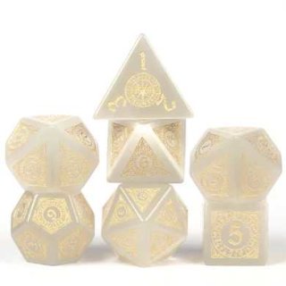 Cats Eye White with Runes Gemstone Engraved with Gold RPG Dice Set (7)