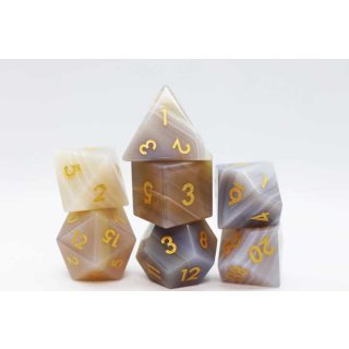 Gray Agate Gemstone Engraved with Gold RPG Dice Set (7)