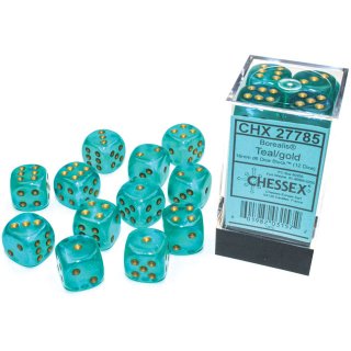 Chessex Borealis 16mm d6 Teal/gold Luminary Dice Block (12 dice)