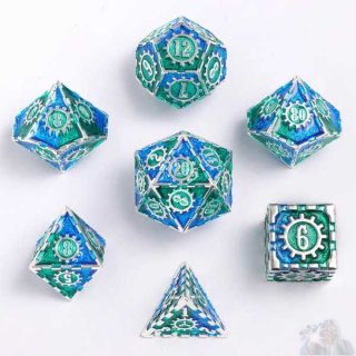 Gears of Fate Solid Metal Dice Set: Silver w/Blue & Green (7)