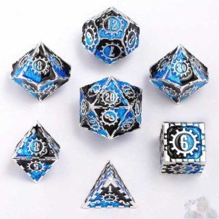 Gears of Fate Solid Metal Dice Set: Silver w/Blue & Black (7)